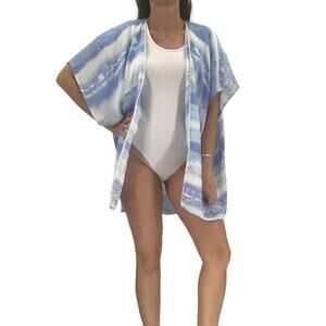 2/$30 FORTUNE Swimwear Cover Up One Size Blue White Pom Pom Kimono Open Front